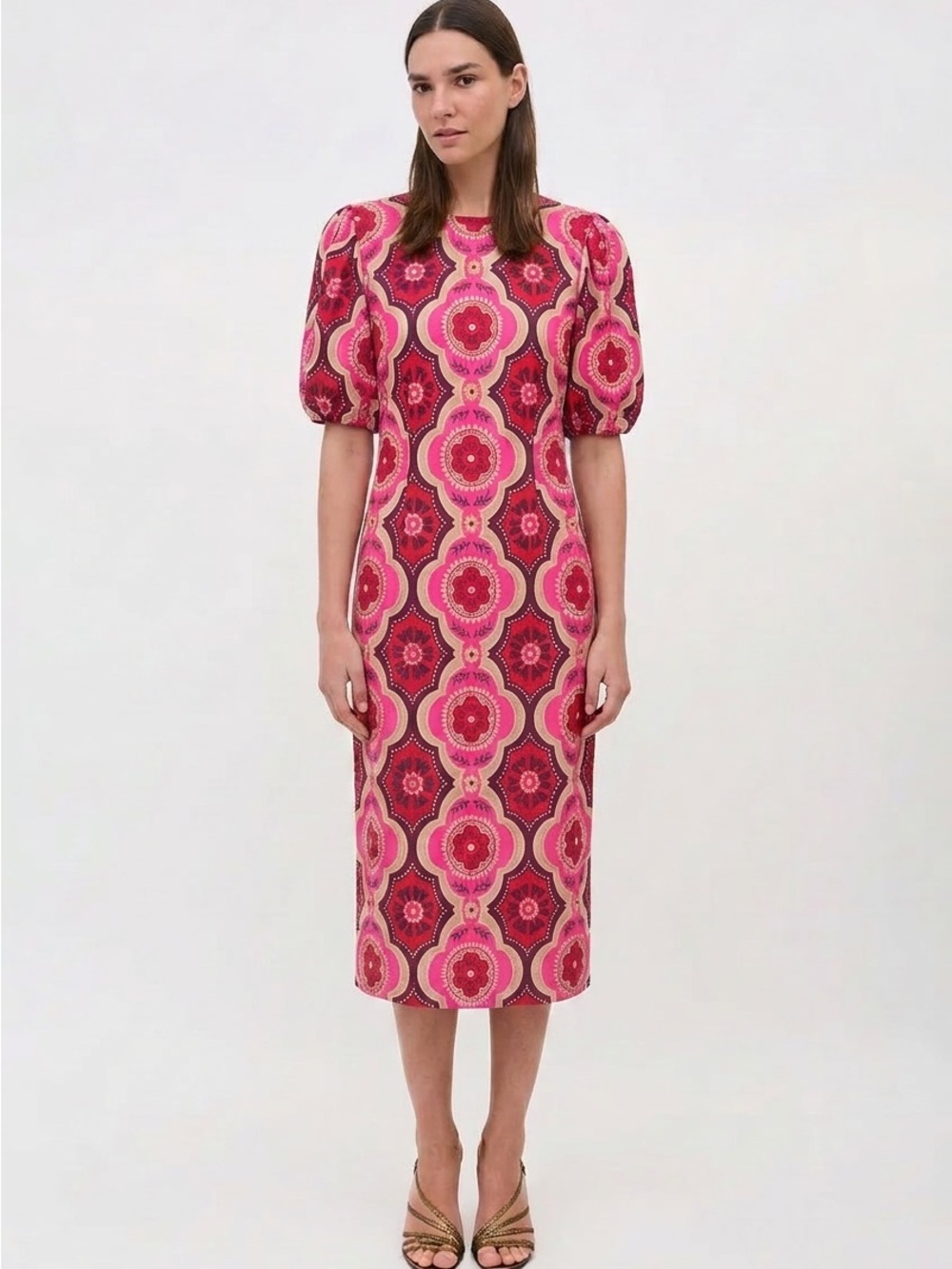 Ann Taylor Printed Midi Dress with Puff Sleeves - Pink Multi